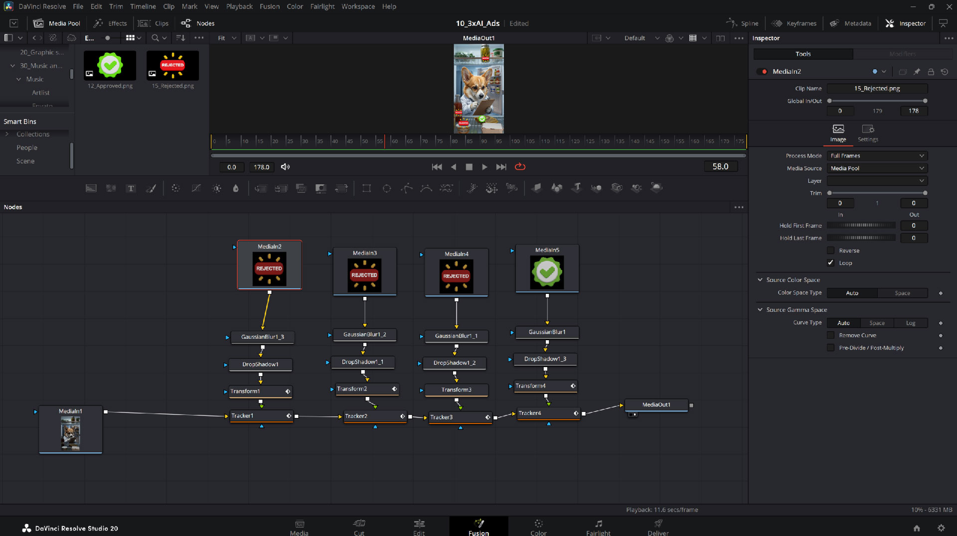 Adding advanced visual effects and motion graphics in the DaVinci Resolve Fusion page for an AI pet commercial.