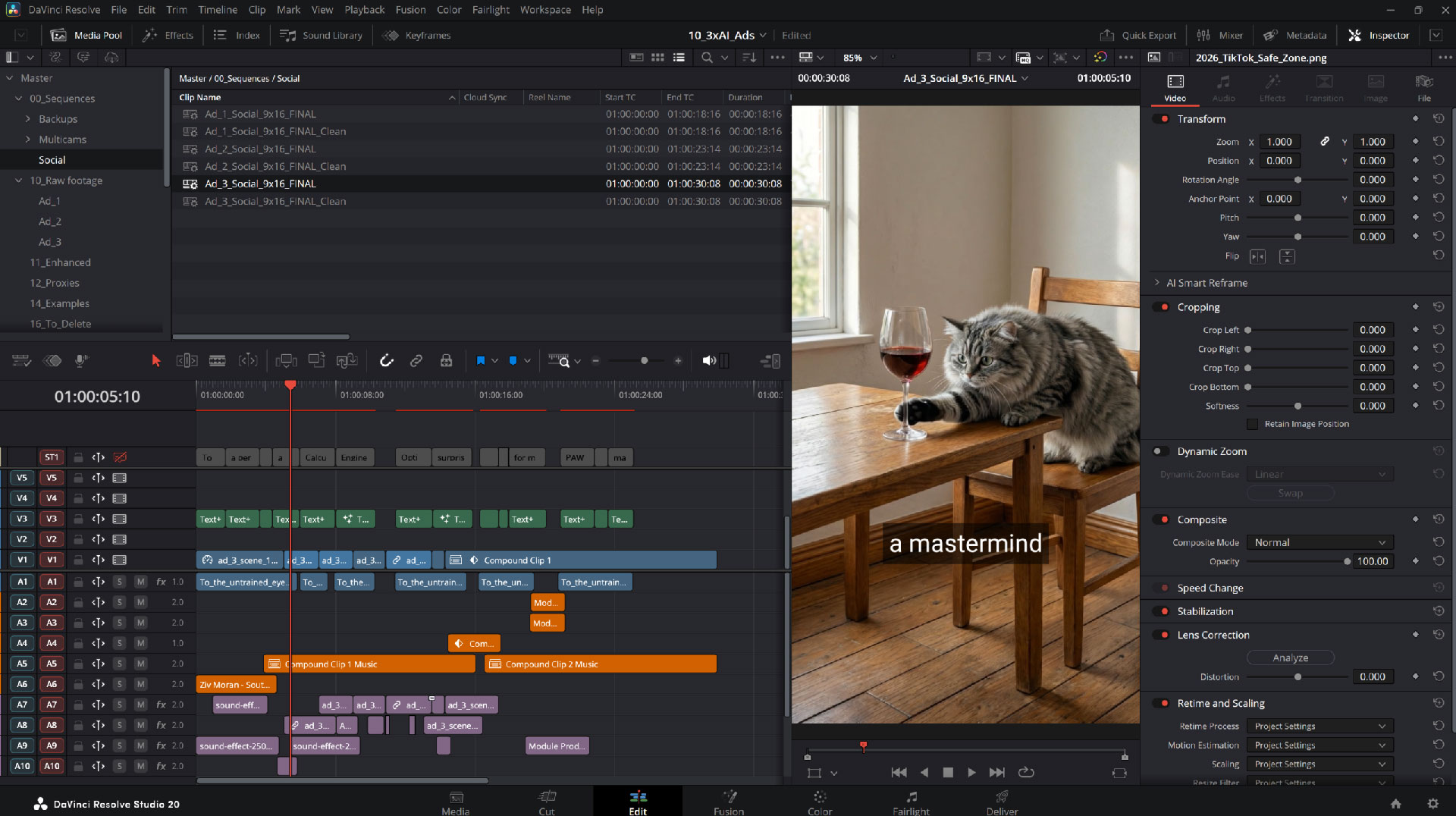 A complex DaVinci Resolve timeline showing the post-production and color grading of an AI-generated pet insurance advertisement.