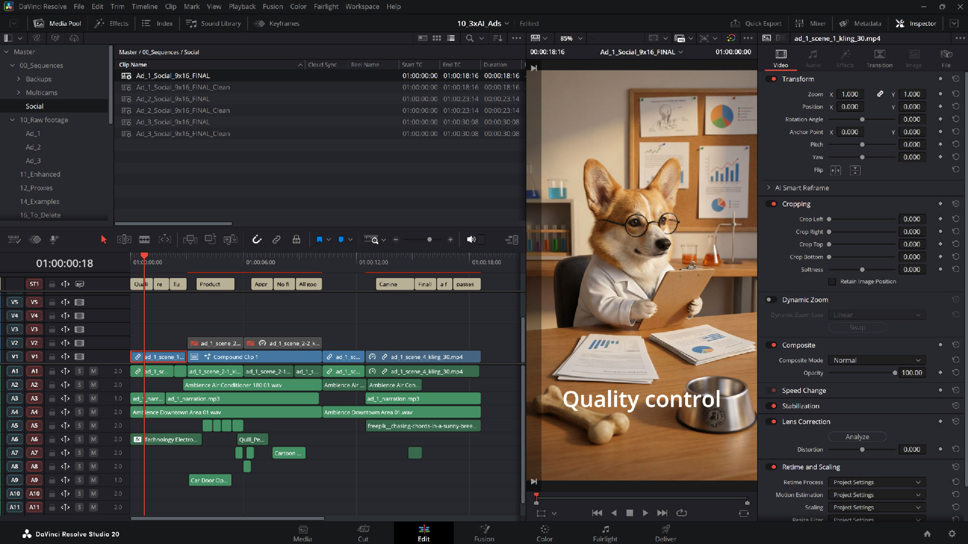 A professional DaVinci Resolve timeline showcasing the final edit and color grade for a character-driven dog food ad.