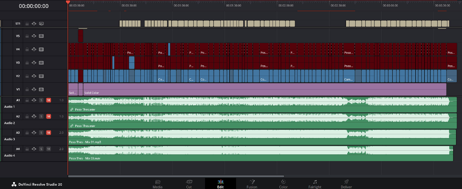 A professional DaVinci Resolve timeline showcasing music video editing and color grading for Andreas Abasaid.