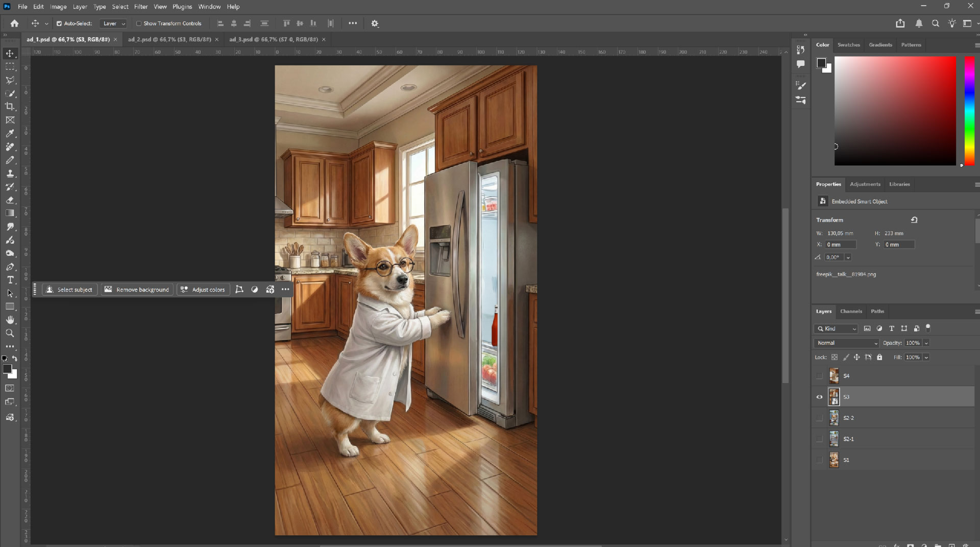 Using Adobe Photoshop to refine AI-generated animal assets for a professional dog food brand identity.
