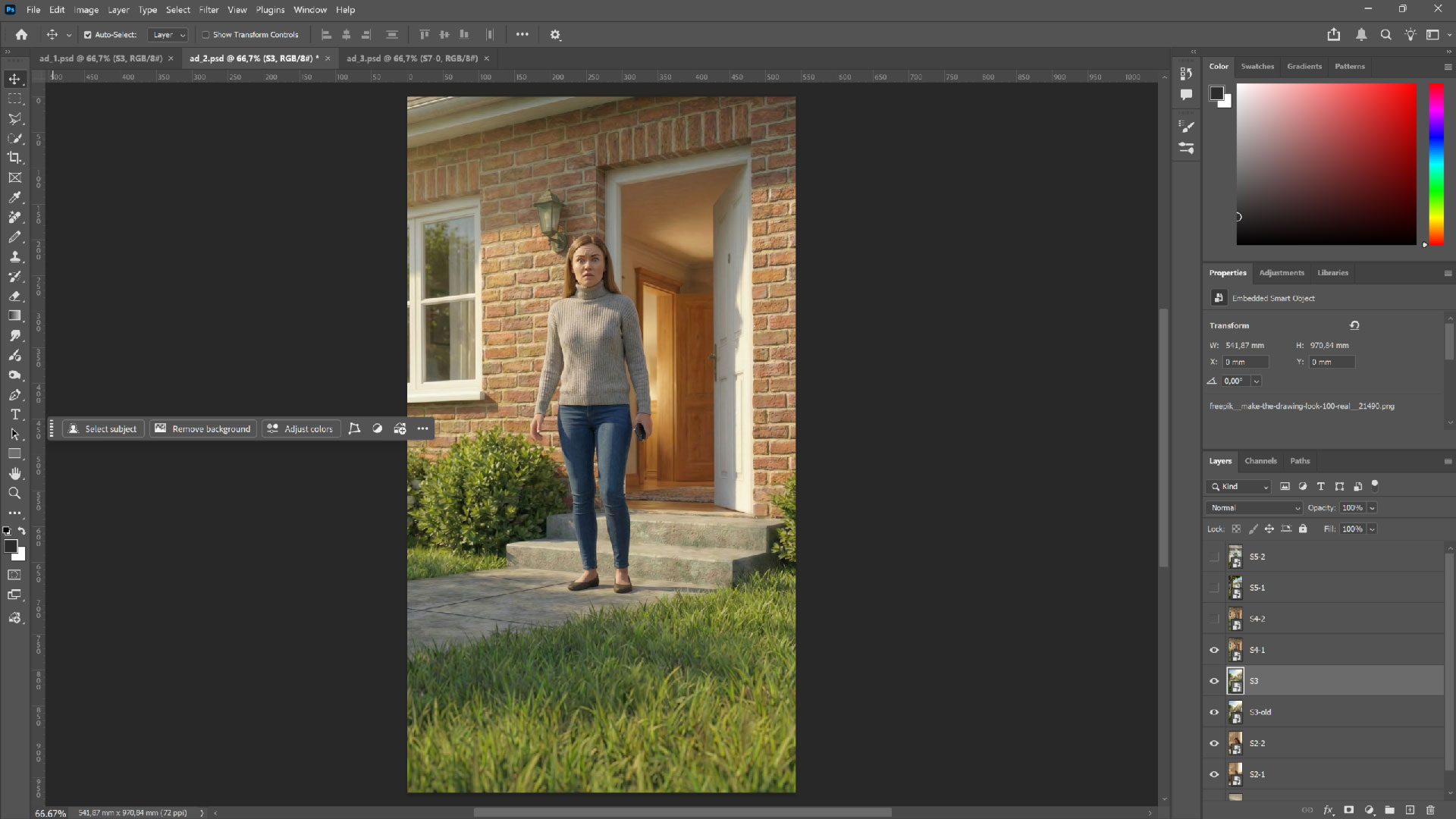 Refining and editing AI-generated animal assets in Adobe Photoshop for a professional veterinary marketing campaign.