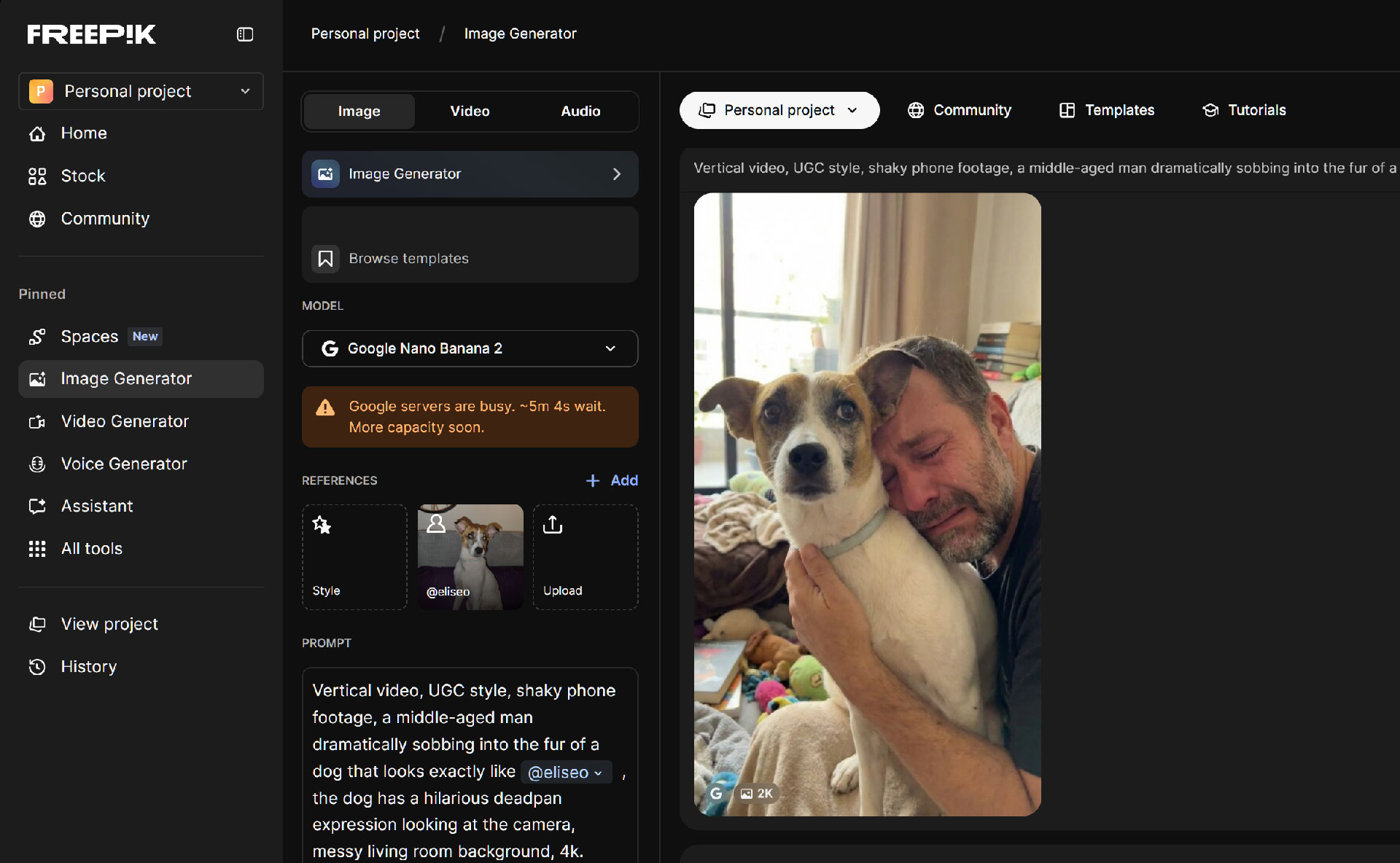 Using the Freepik AI interface to generate high-fidelity characters for a pet brand commercial.